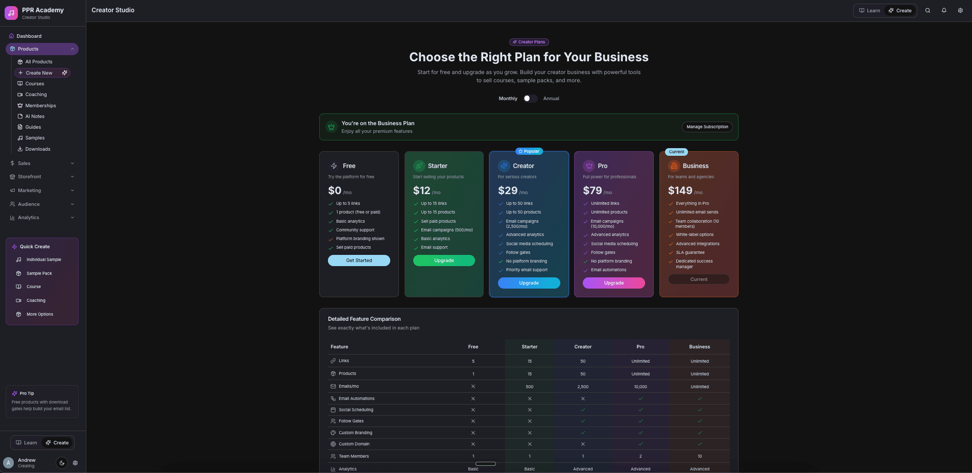 PausePlayRepeat pricing — free tier with one product, paid plans starting at $12/month
